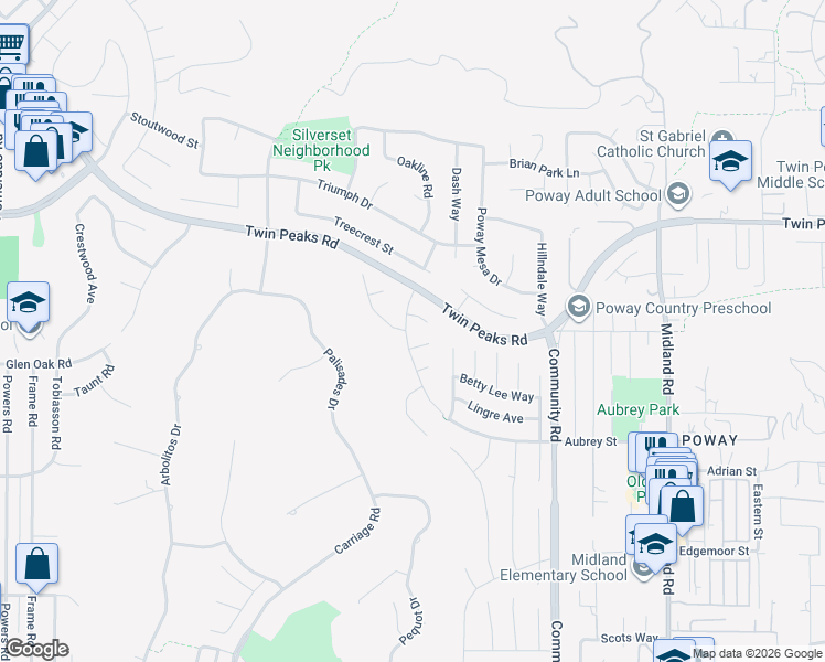 map of restaurants, bars, coffee shops, grocery stores, and more near 14267 Woodcreek Road in Poway