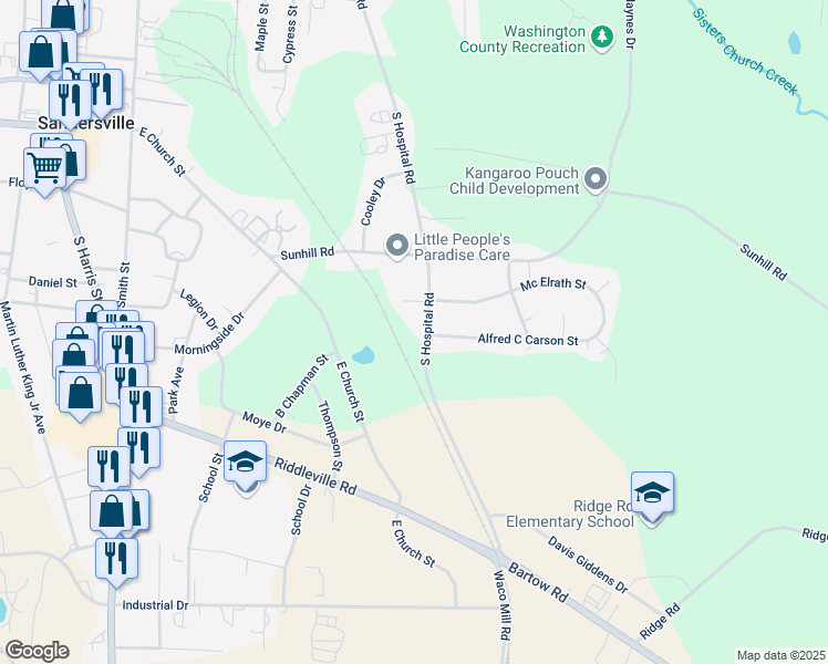 map of restaurants, bars, coffee shops, grocery stores, and more near 438 South Hospital Road in Sandersville