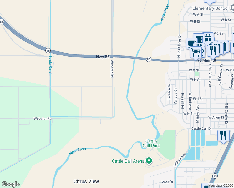map of restaurants, bars, coffee shops, grocery stores, and more near 4444 Brandt Road in Brawley