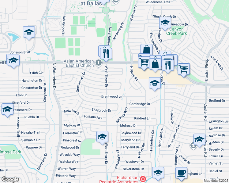 map of restaurants, bars, coffee shops, grocery stores, and more near 738 Brentwood Lane in Richardson