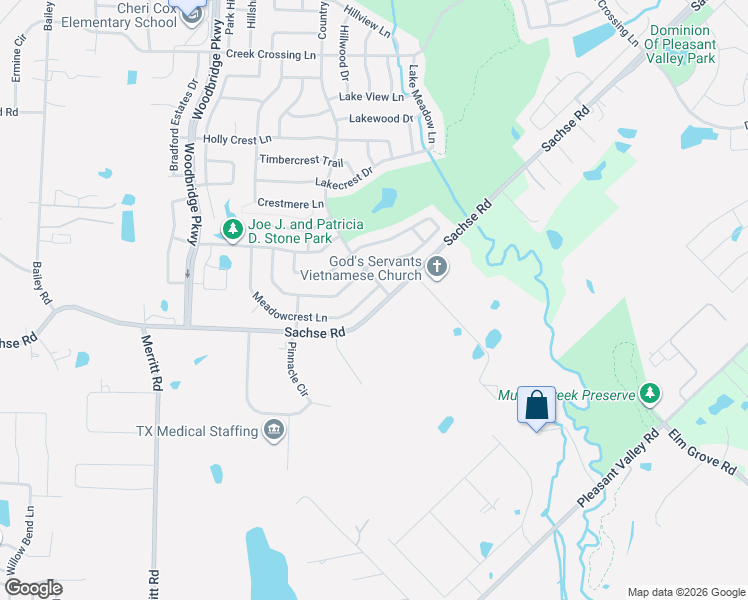 map of restaurants, bars, coffee shops, grocery stores, and more near 6416 Meadowcrest Lane in Sachse