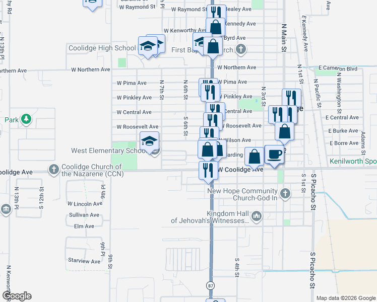 map of restaurants, bars, coffee shops, grocery stores, and more near 617 West Wilson Place in Coolidge