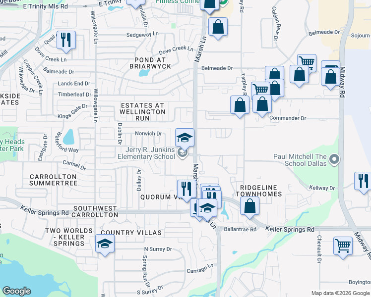 map of restaurants, bars, coffee shops, grocery stores, and more near 2407 Royal Summit Drive in Carrollton