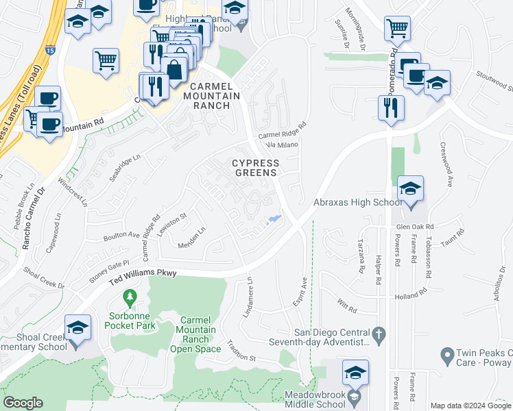 map of restaurants, bars, coffee shops, grocery stores, and more near 12061 Tivoli Park Row in San Diego