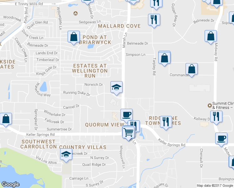 map of restaurants, bars, coffee shops, grocery stores, and more near 2407 Royal Summit Drive in Carrollton