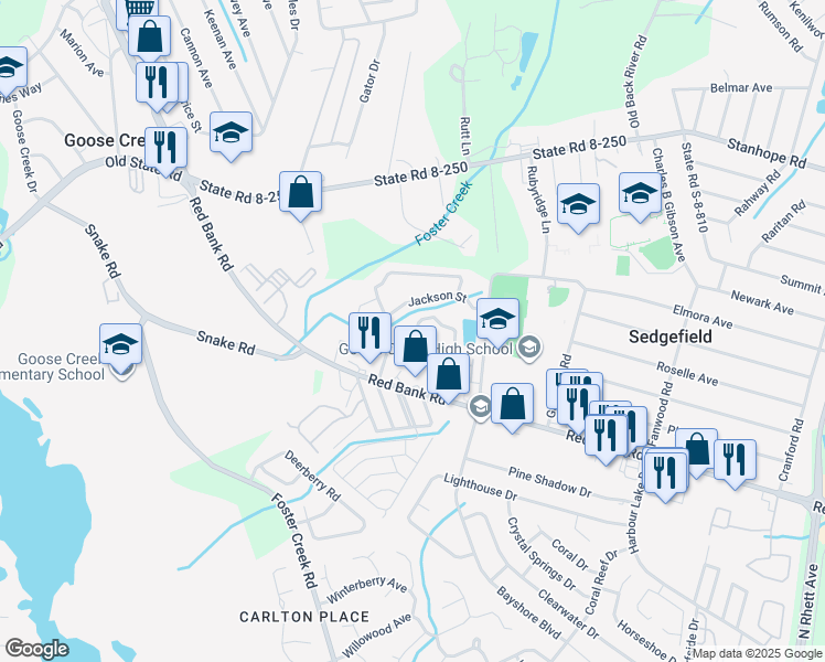 map of restaurants, bars, coffee shops, grocery stores, and more near 215 Buchanan Circle in Goose Creek