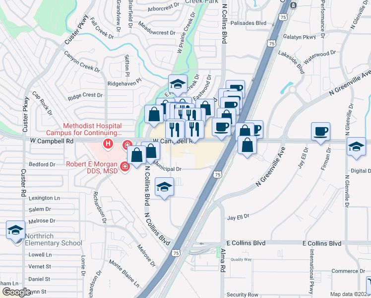 map of restaurants, bars, coffee shops, grocery stores, and more near 275 W Campbell Rd in Richardson