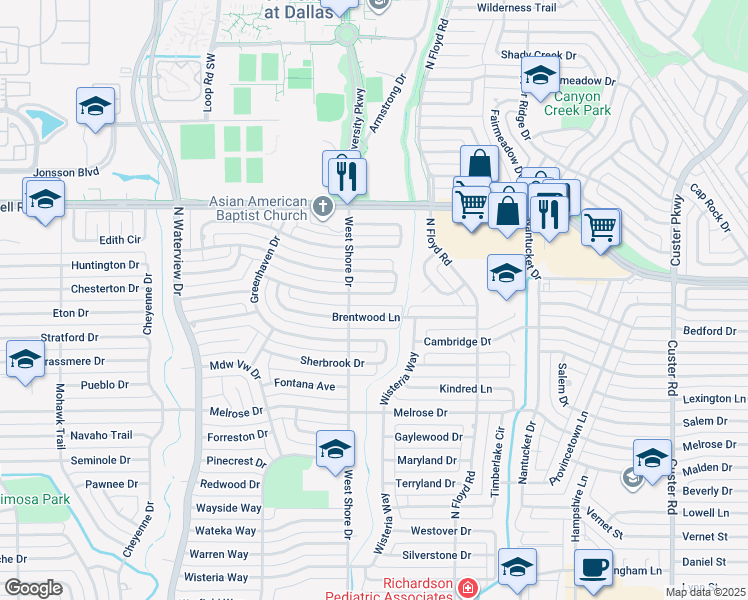map of restaurants, bars, coffee shops, grocery stores, and more near 738 Brentwood Lane in Richardson