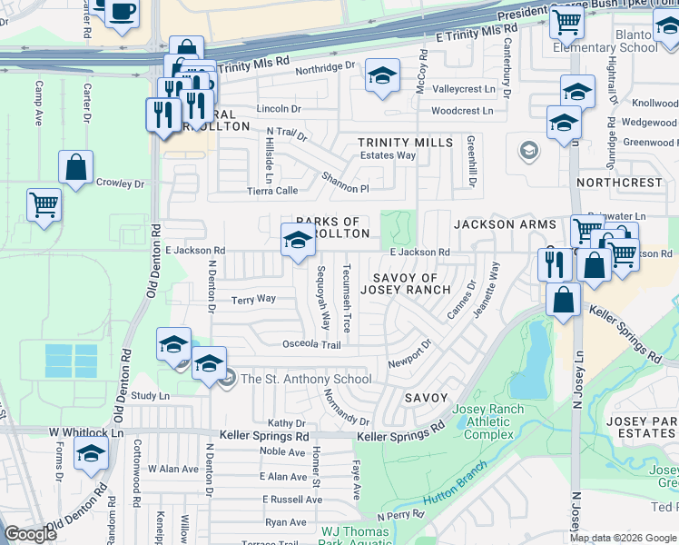 map of restaurants, bars, coffee shops, grocery stores, and more near 2129 Tecumseh Trce in Carrollton