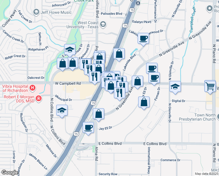 map of restaurants, bars, coffee shops, grocery stores, and more near 720 East Campbell Road in Richardson