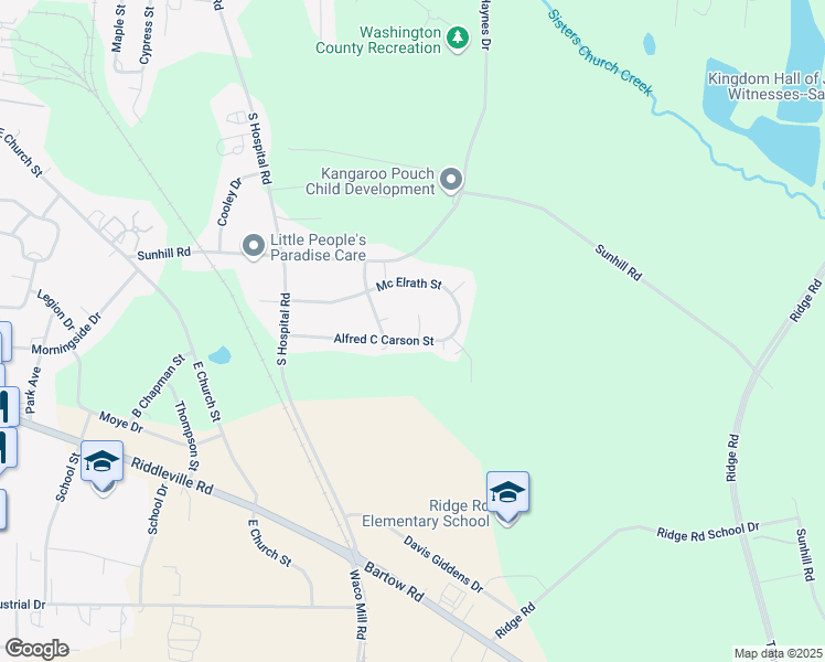 map of restaurants, bars, coffee shops, grocery stores, and more near 707 Alfred C Carson Street in Sandersville