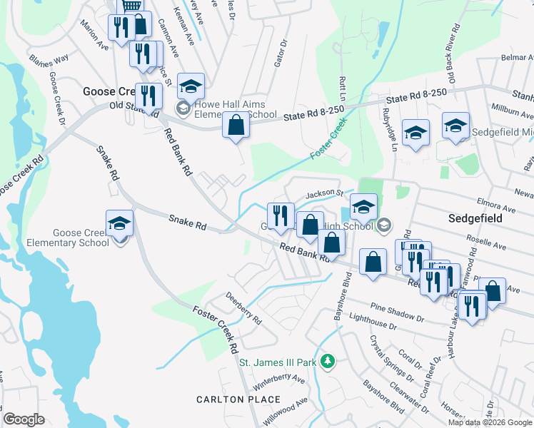 map of restaurants, bars, coffee shops, grocery stores, and more near 907 Red Bank Road in Goose Creek