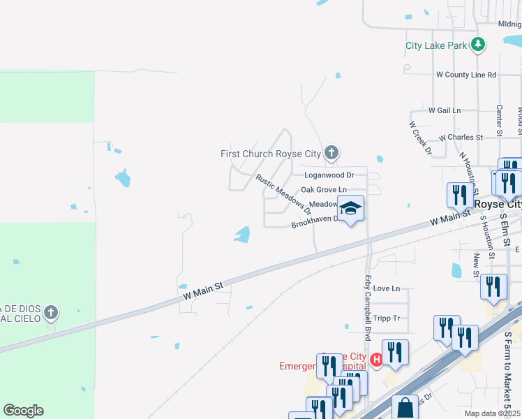 map of restaurants, bars, coffee shops, grocery stores, and more near 1125 Oak Grove Lane in Royse City