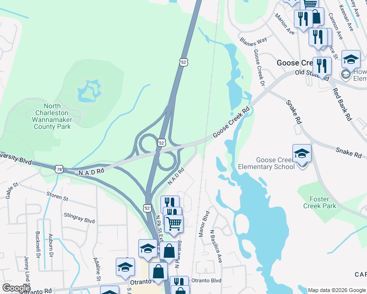 map of restaurants, bars, coffee shops, grocery stores, and more near 1217 N.A.D Road in Charleston