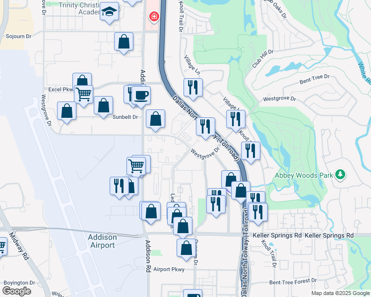 map of restaurants, bars, coffee shops, grocery stores, and more near 4820 Westgrove Drive in Addison