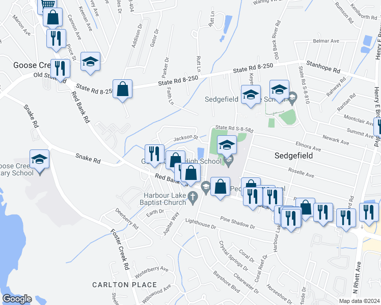 map of restaurants, bars, coffee shops, grocery stores, and more near 163 Buchanan Circle in Goose Creek