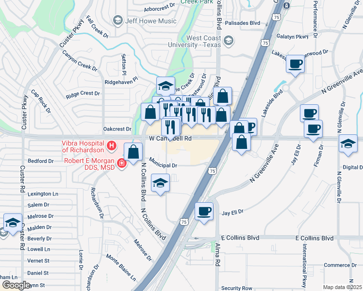 map of restaurants, bars, coffee shops, grocery stores, and more near 275 West Campbell Road in Richardson