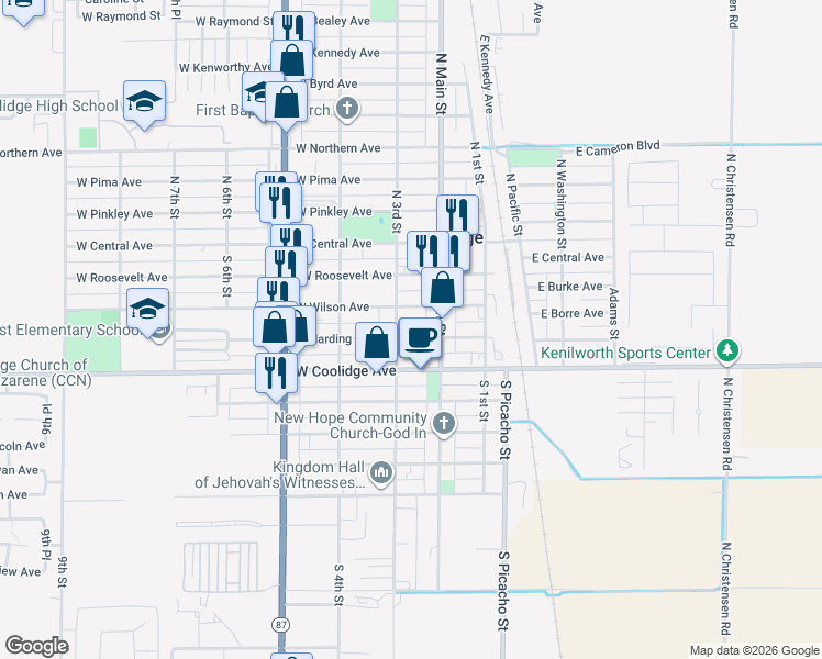map of restaurants, bars, coffee shops, grocery stores, and more near 241 West Harding Avenue in Coolidge