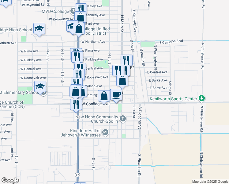 map of restaurants, bars, coffee shops, grocery stores, and more near 241 West Harding Avenue in Coolidge