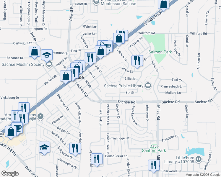 map of restaurants, bars, coffee shops, grocery stores, and more near 3605 6th Street in Sachse
