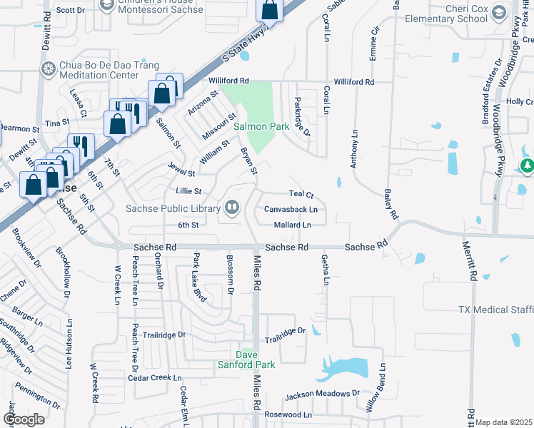 map of restaurants, bars, coffee shops, grocery stores, and more near 4412 Mallard Lane in Sachse