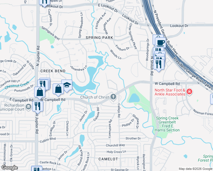 map of restaurants, bars, coffee shops, grocery stores, and more near 6602 Rutledge Court in Garland