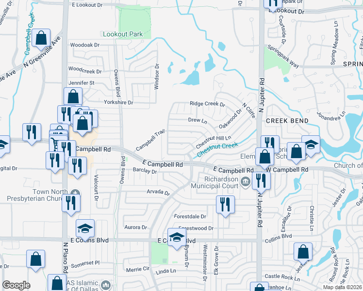 map of restaurants, bars, coffee shops, grocery stores, and more near 1705 Chestnut Hill Lane in Richardson