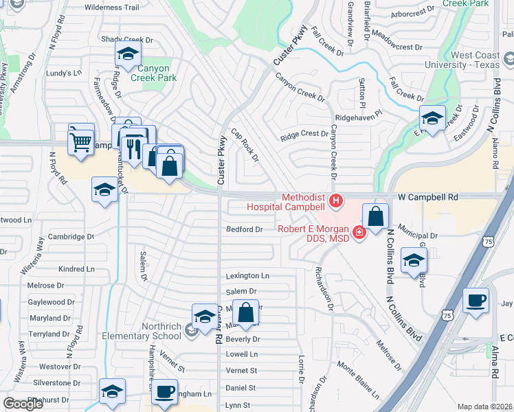 map of restaurants, bars, coffee shops, grocery stores, and more near 412 Provincetown Lane in Richardson