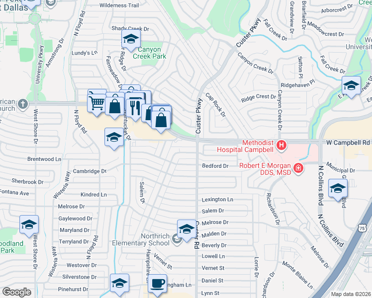 map of restaurants, bars, coffee shops, grocery stores, and more near 1920 Provincetown Lane in Richardson