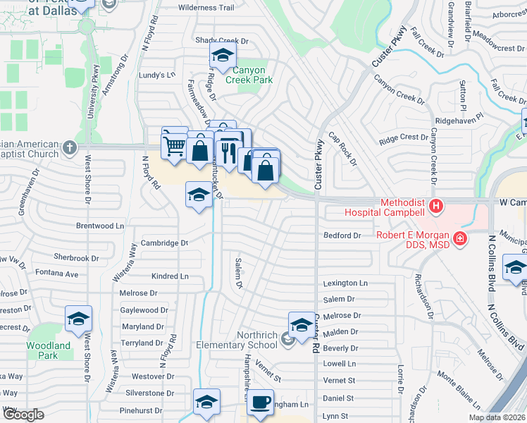 map of restaurants, bars, coffee shops, grocery stores, and more near 614 Bedford Drive in Richardson