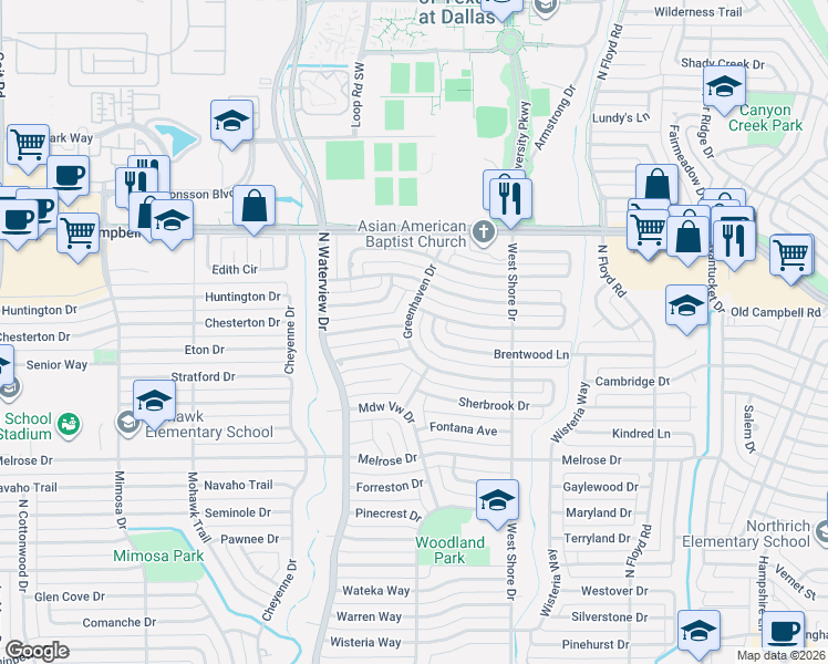 map of restaurants, bars, coffee shops, grocery stores, and more near 829 Brentwood Lane in Richardson