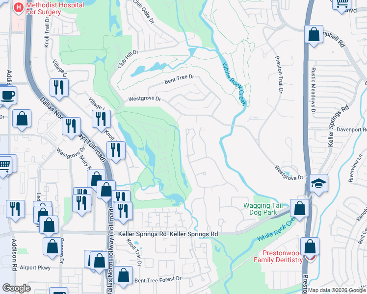 map of restaurants, bars, coffee shops, grocery stores, and more near 40 Abbey Woods Lane in Dallas