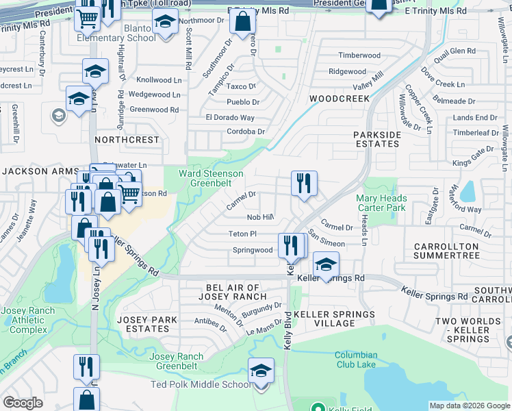 map of restaurants, bars, coffee shops, grocery stores, and more near 2111 Nob Hill in Carrollton