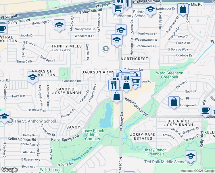 map of restaurants, bars, coffee shops, grocery stores, and more near 1805 English Lane in Carrollton