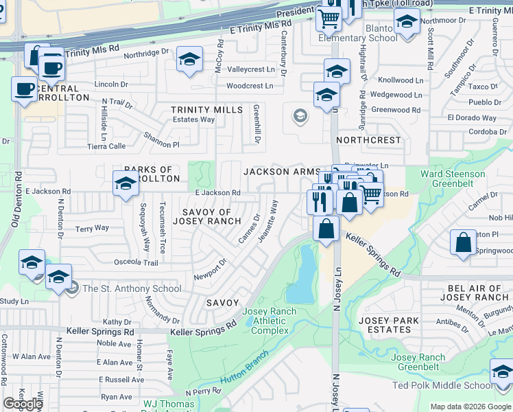 map of restaurants, bars, coffee shops, grocery stores, and more near 2124 Dover Drive in Carrollton