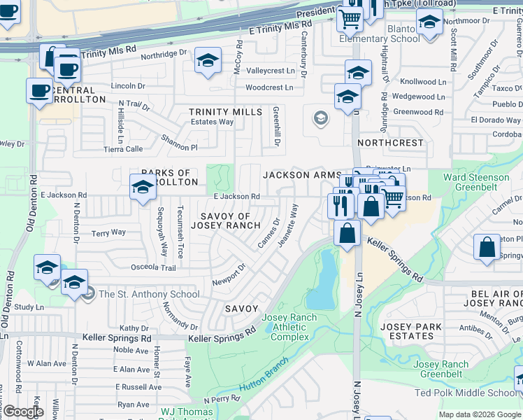 map of restaurants, bars, coffee shops, grocery stores, and more near 2124 Dover Drive in Carrollton