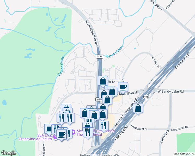 map of restaurants, bars, coffee shops, grocery stores, and more near Grapevine Mills Parkway in Grapevine