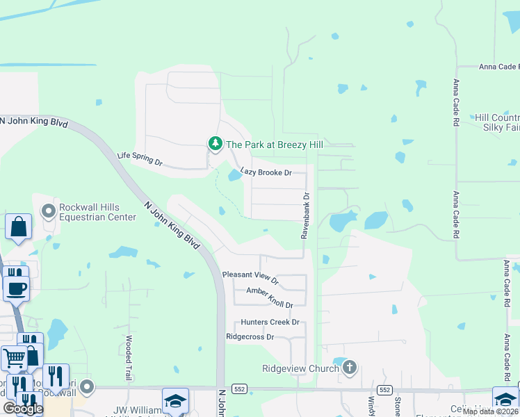 map of restaurants, bars, coffee shops, grocery stores, and more near 985 Foxhall Drive in Rockwall