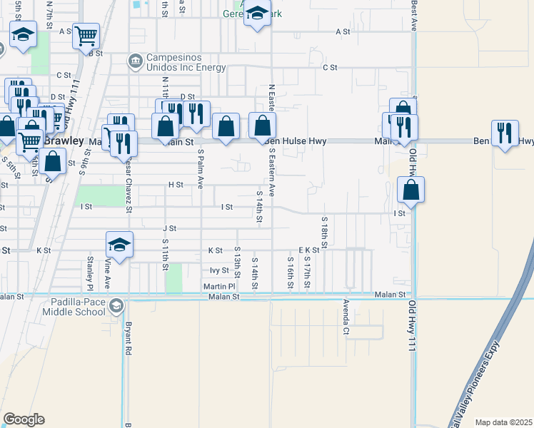 map of restaurants, bars, coffee shops, grocery stores, and more near 409 South Eastern Avenue in Brawley
