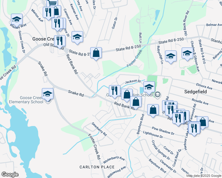 map of restaurants, bars, coffee shops, grocery stores, and more near 907 Red Bank Road in Goose Creek