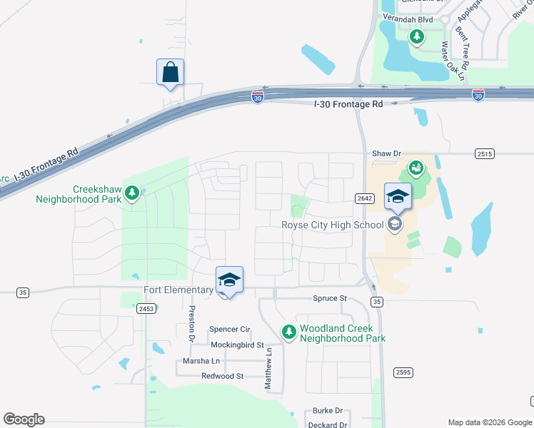 map of restaurants, bars, coffee shops, grocery stores, and more near 718 Warner Drive in Royse City