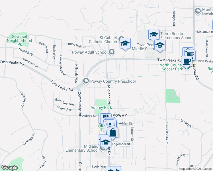 map of restaurants, bars, coffee shops, grocery stores, and more near 14405 Midland Road in Poway