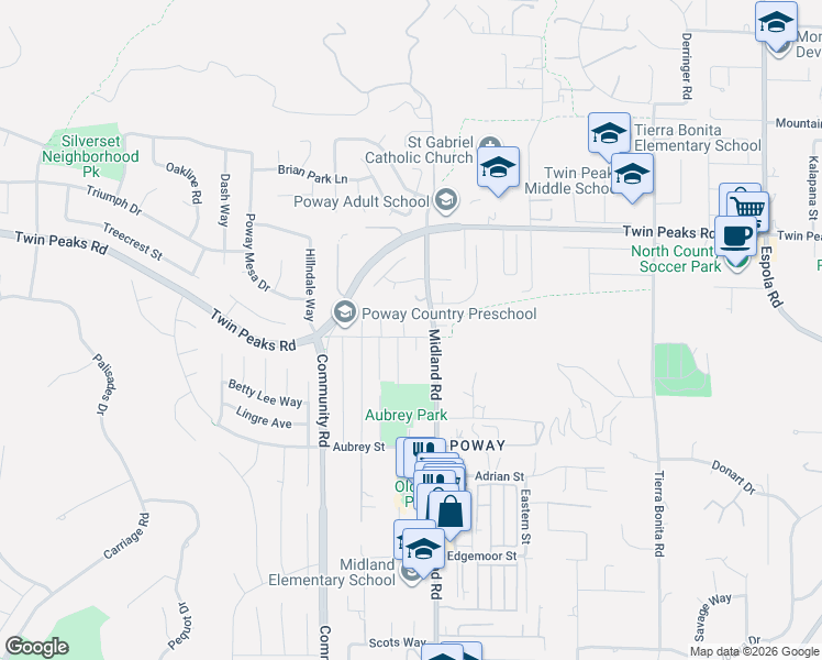 map of restaurants, bars, coffee shops, grocery stores, and more near 14403 Gaslight Court in Poway
