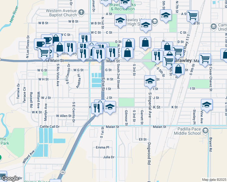 map of restaurants, bars, coffee shops, grocery stores, and more near 155 J St in Brawley