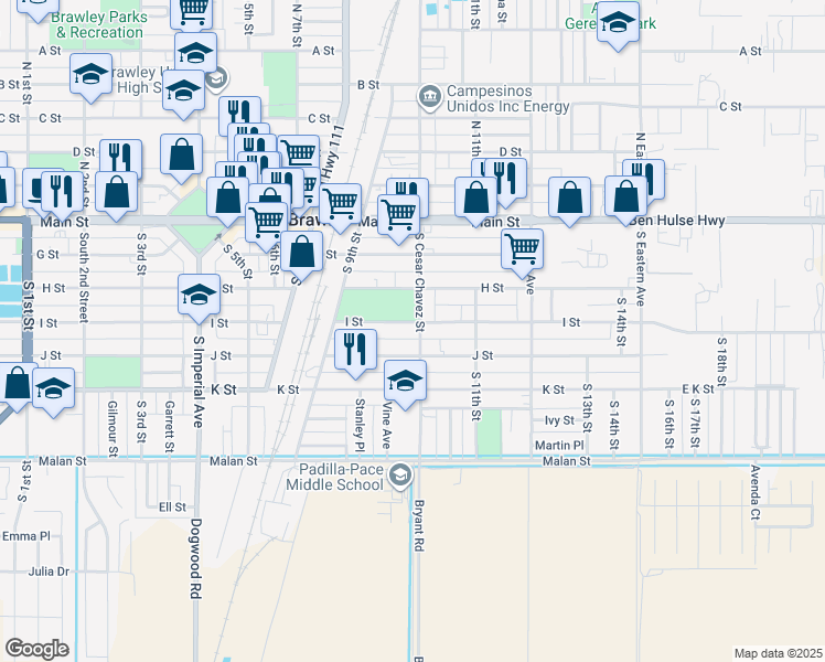 map of restaurants, bars, coffee shops, grocery stores, and more near 439 South Cesar Chavez Street in Brawley