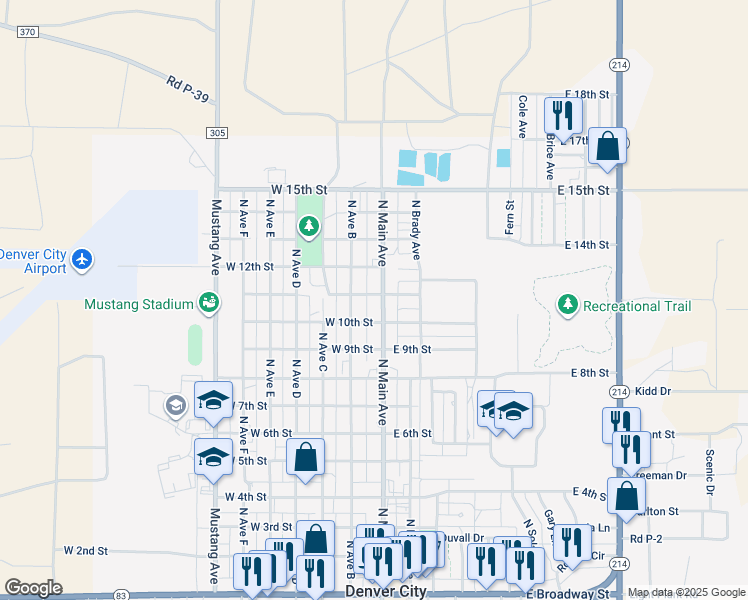 map of restaurants, bars, coffee shops, grocery stores, and more near 1007 North Main Avenue in Denver City