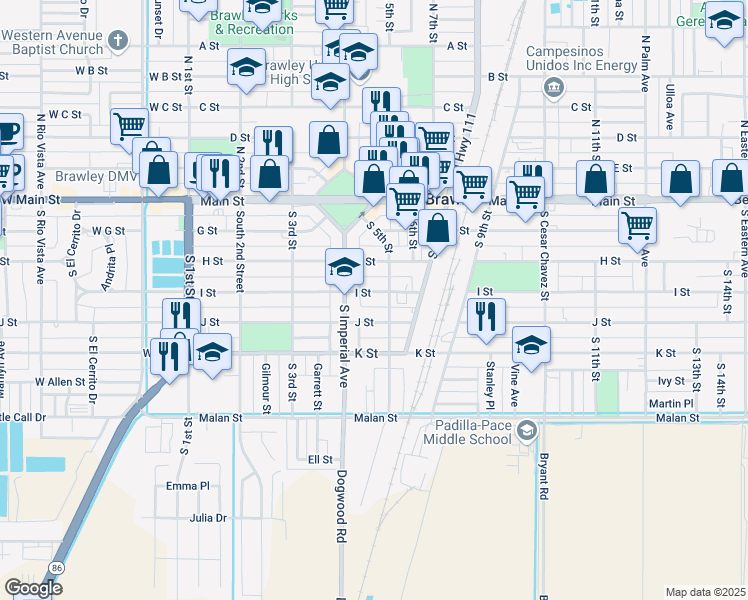 map of restaurants, bars, coffee shops, grocery stores, and more near 452-498 S 5th St in Brawley