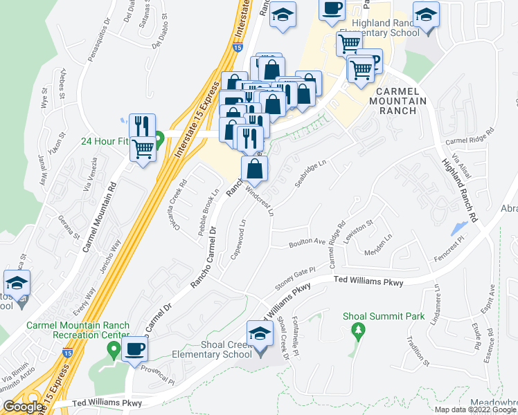map of restaurants, bars, coffee shops, grocery stores, and more near 14147 Capewood Lane in San Diego