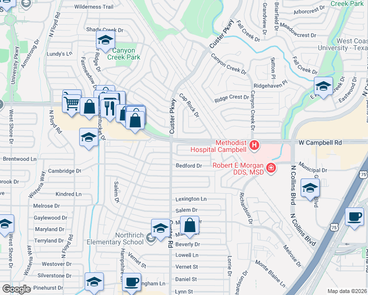 map of restaurants, bars, coffee shops, grocery stores, and more near 426 Provincetown Lane in Richardson