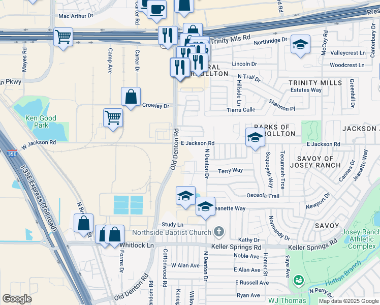 map of restaurants, bars, coffee shops, grocery stores, and more near 2180 Old Denton Road in Carrollton